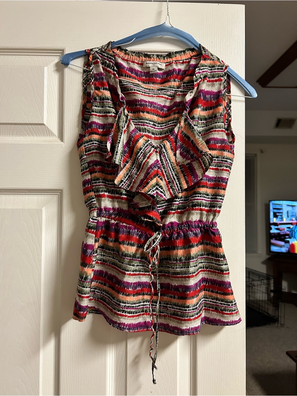 Banana Republic Striped Multicolor Ruffle-Neck Top, size XS